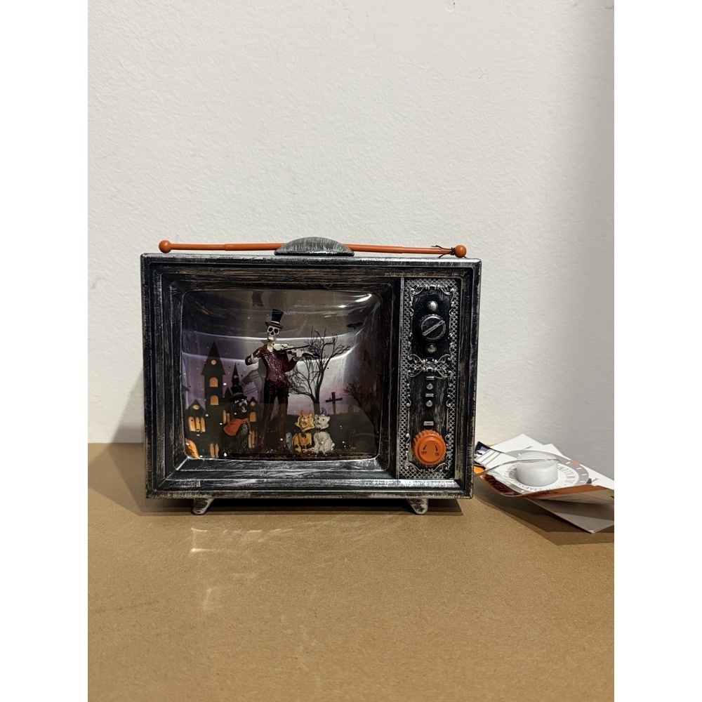 Halloween Retro TV LED Lighted Spinning Waterglobe Skeleton Violin Decor
